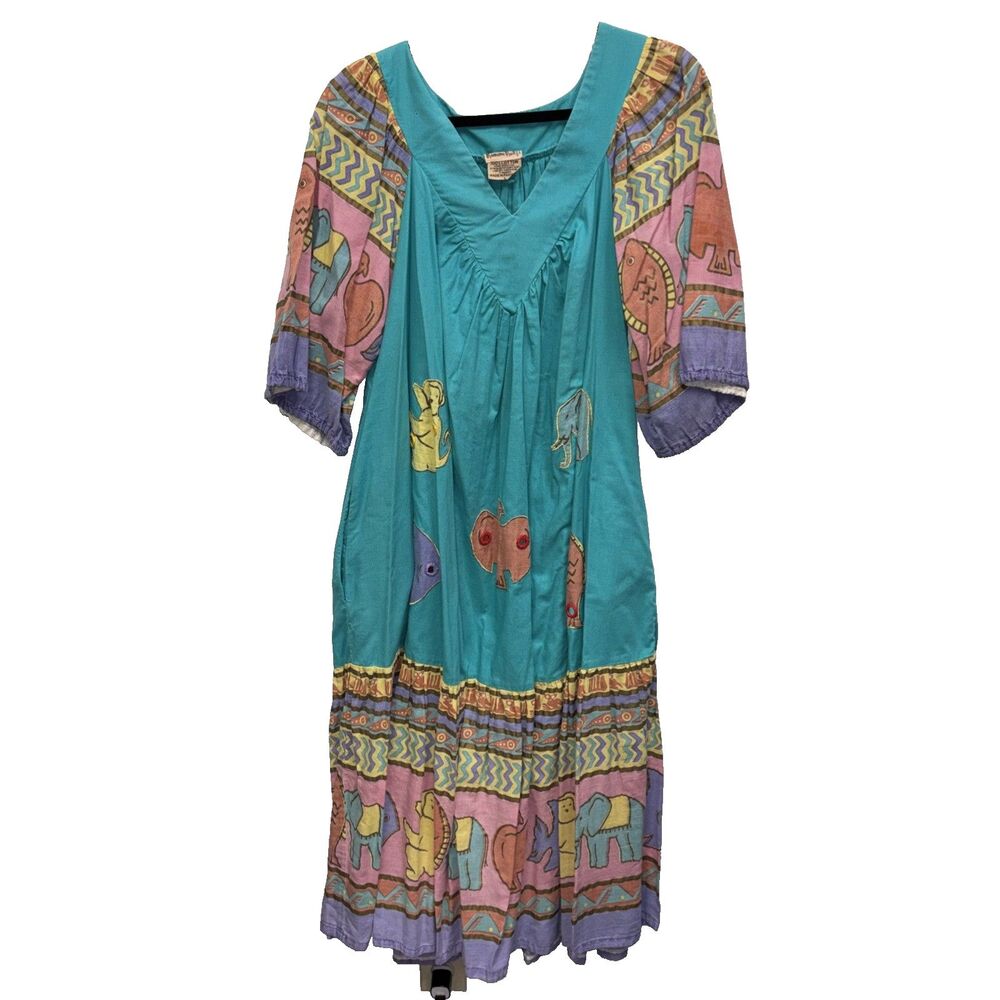 Ramona Rull Dress Pink Cotton L Vintage V Neck Pockets Mirrored Colorful Animal